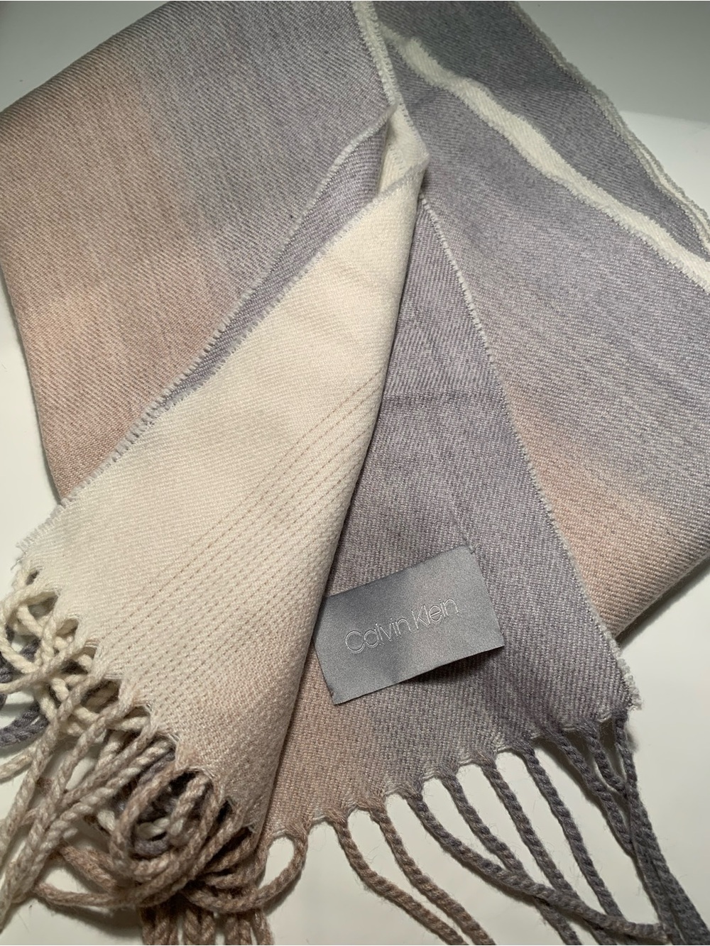 NWOT Calvin Klein Womens Cream, Light Gray and Taupe Striped Fringe Wool Scarf